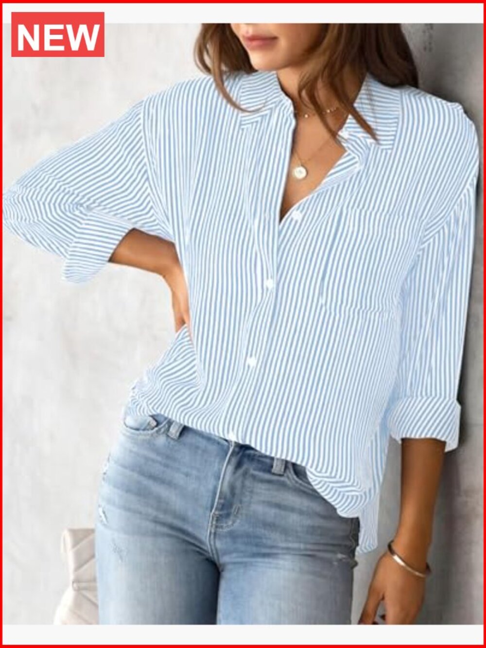 Long Sleeve Button Down Shirt with Chest Pocket - Classic Fit Work Blouse - Picture 3 of 7